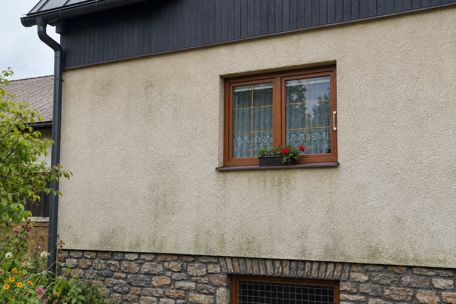 Detail znečištěné omítky s řasami